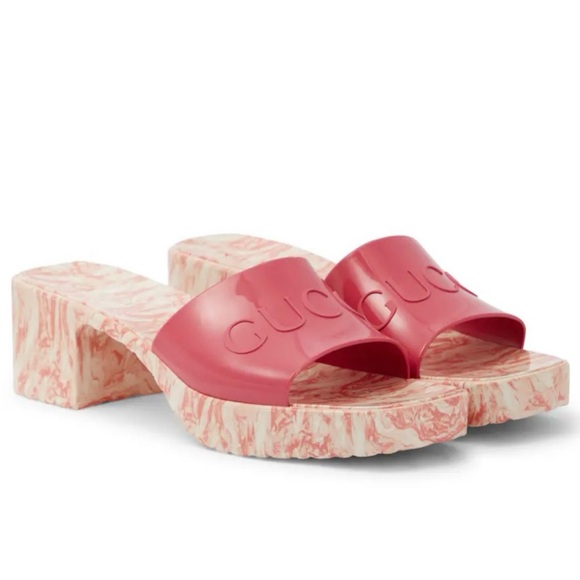 Gucci Shoes - Gucci Coral Pink Marble Logo Block Heel Rubber Slides in box